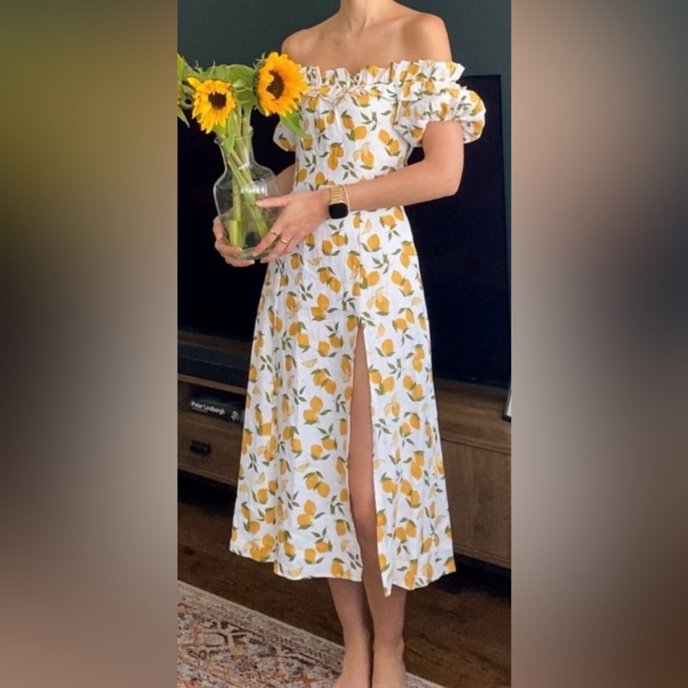 Reformation Marley Midi Dress Linen Revealing Slit Lemonade Lemon White size 0